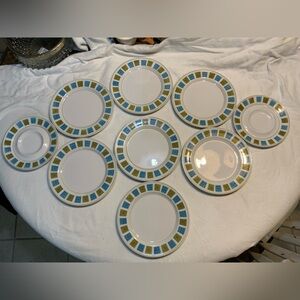Vintage Mikasa Mediterraneania Alamo Atomic green and blue plates and saucers